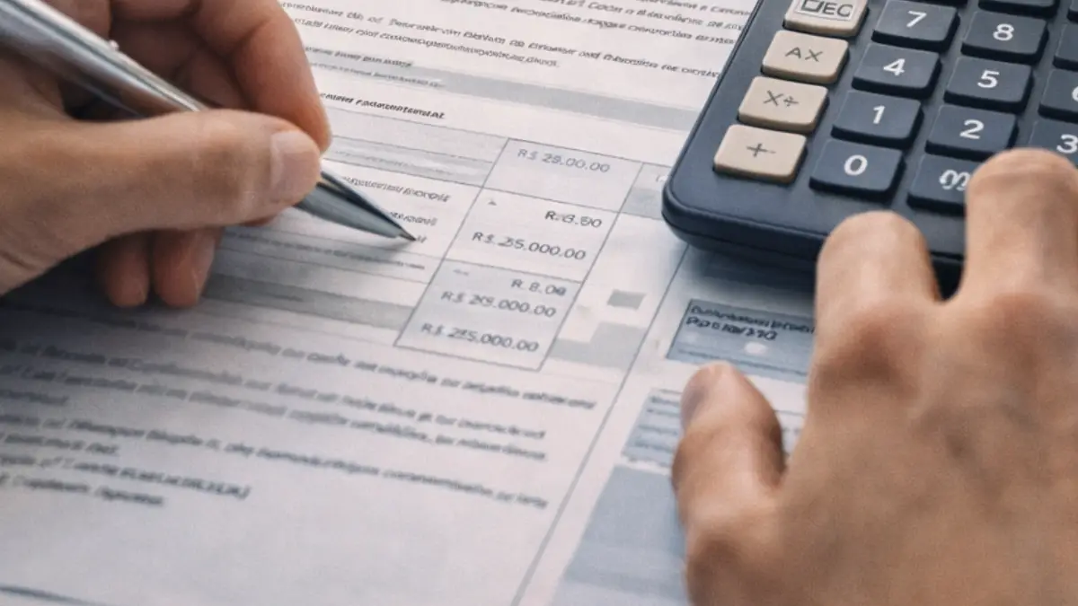 Cálculo do ITCMD na partilha de bens no divórcio com documentos fiscais, calculadora e valores monetários