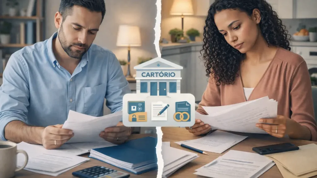 Homem e mulher separados seguindo o passo a passo, separando os documentos para dar entrada no divórcio extrajudicial no cartório