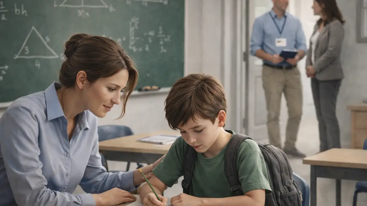 Professora ouvindo e acolhendo aluno em sala de aula enquanto conselheiro tutelar conversa com diretora ao fundo, simbolizando o papel da escola na denúncia e proteção contra abuso infantil.