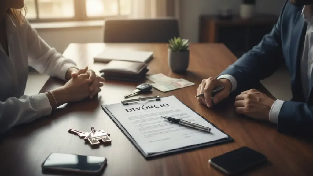Casal sentado à mesa com papéis e chaves de casa, representando a organização da partilha de bens no divórcio.