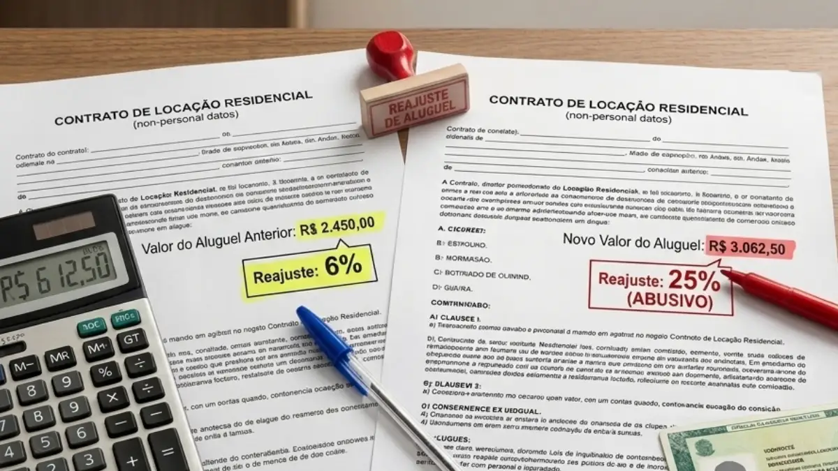 Dois contratos de locação residencial lado a lado mostrando valor antigo com reajuste de 6 por cento e novo valor com reajuste de 25 por cento abusivo, com calculadora e documentos sobre a mesa