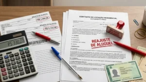 Mesa com contrato de locação, carimbo de reajuste de aluguel, boletos, calculadora e Lei do Inquilinato representando cálculo de reajuste de aluguel