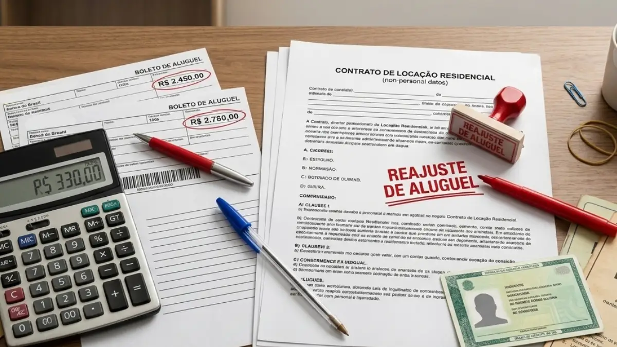 Mesa com contrato de locação, carimbo de reajuste de aluguel, boletos, calculadora e Lei do Inquilinato representando cálculo de reajuste de aluguel