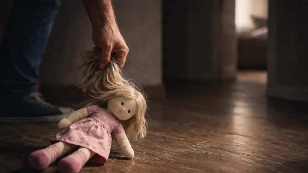 Responsabilidade dos pais sobre abuso sexual. Mão de adulto segurando boneca infantil pelo cabelo no chão de uma casa, simbolizando abuso e falha na proteção de crianças pelos pais.
