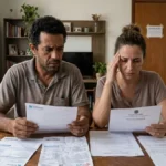 Casal preocupado analisando contas e intimação de despejo em apartamento diante de dívida de aluguel