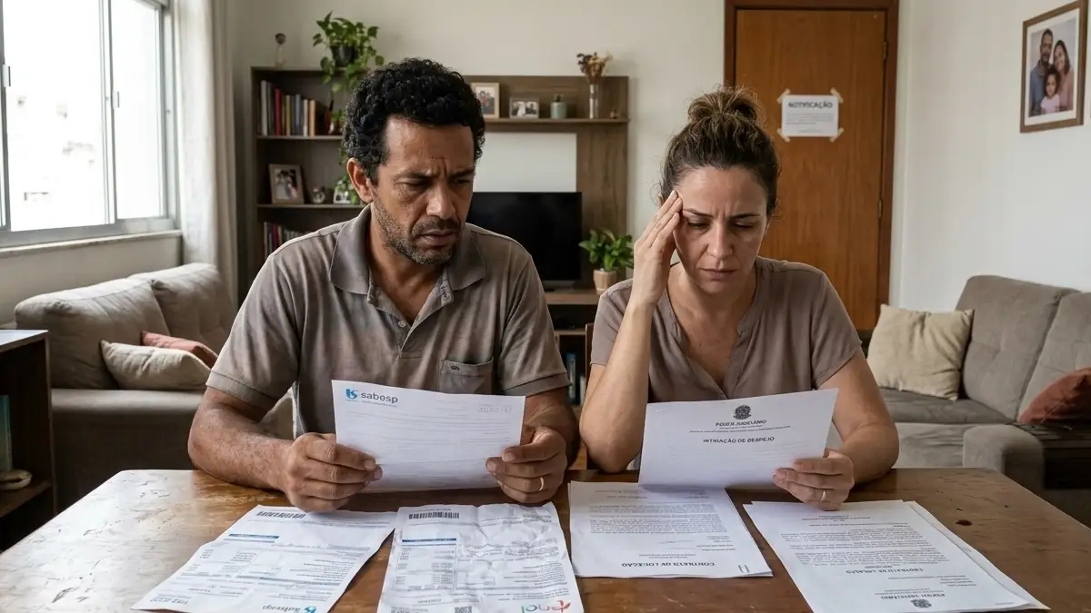 Casal preocupado analisando contas e intimação de despejo em apartamento diante de dívida de aluguel