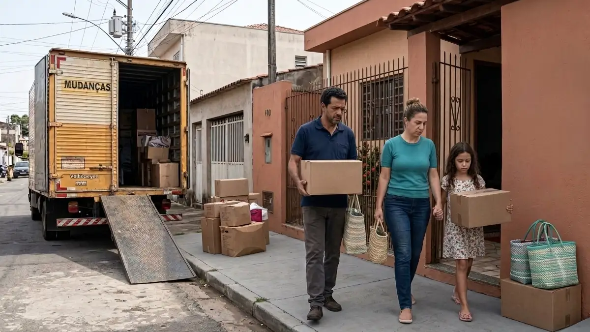 Família deixando casa com caixas em caminhão de mudança após mandado de despejo por falta de pagamento do aluguel