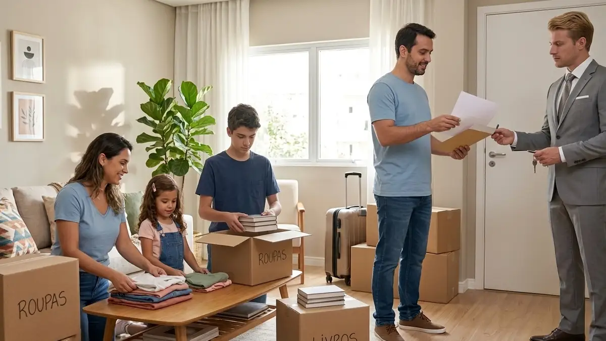 Família organizando caixas de mudança em apartamento enquanto homem entrega documento a proprietário, representando acordo sobre multa por rescisão de contrato de aluguel