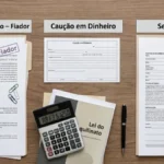 Mesa com contrato de locação com fiador, termo de caução em dinheiro, apólice de seguro-fiança, calculadora e Lei do Inquilinato representando garantias de aluguel