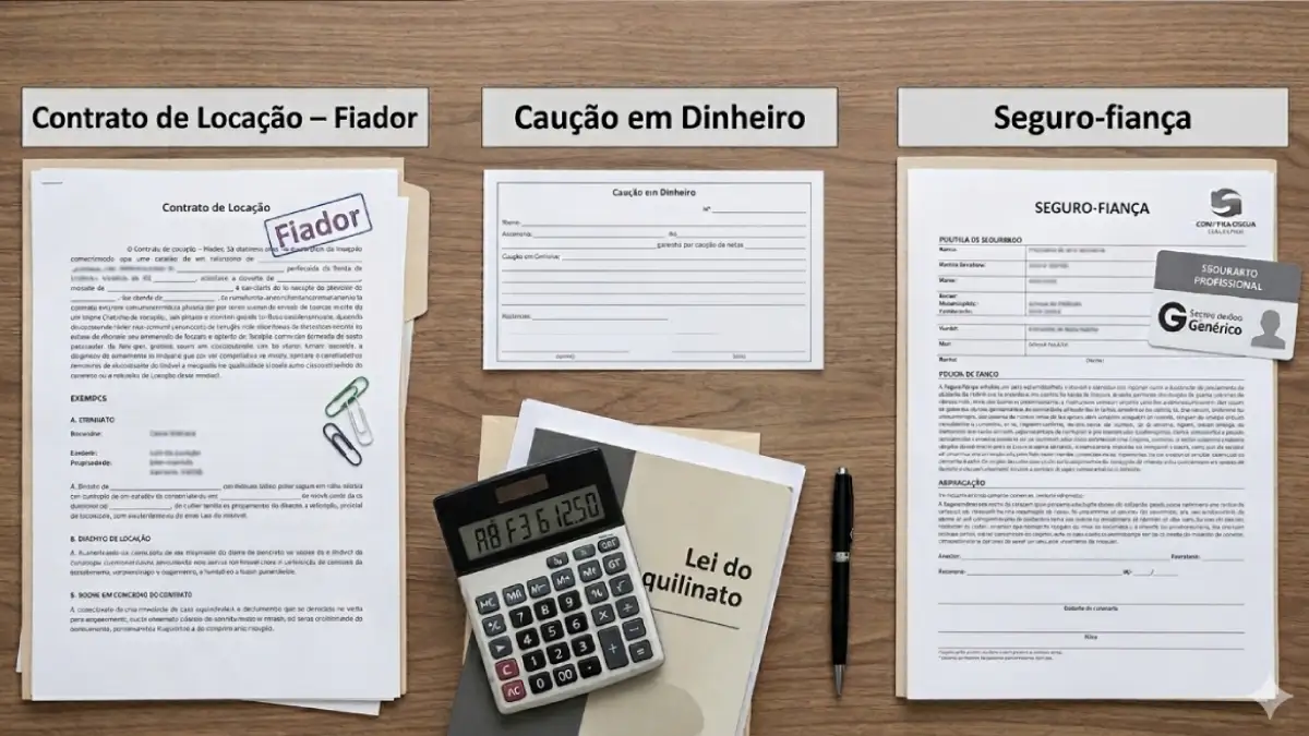 Mesa com contrato de locação com fiador, termo de caução em dinheiro, apólice de seguro-fiança, calculadora e Lei do Inquilinato representando garantias de aluguel