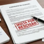 Contrato de aluguel com carimbo multa por rescisão, calculadora, Lei do Inquilinato e bloco de notas com cálculo proporcional da multa