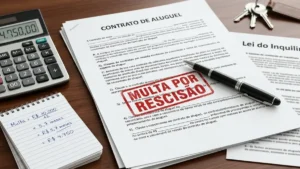 Contrato de aluguel com carimbo multa por rescisão, calculadora, Lei do Inquilinato e bloco de notas com cálculo proporcional da multa