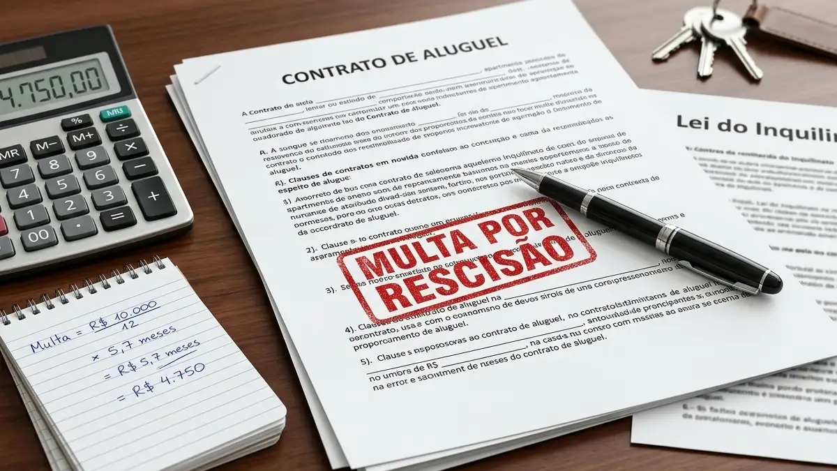 Contrato de aluguel com carimbo multa por rescisão, calculadora, Lei do Inquilinato e bloco de notas com cálculo proporcional da multa