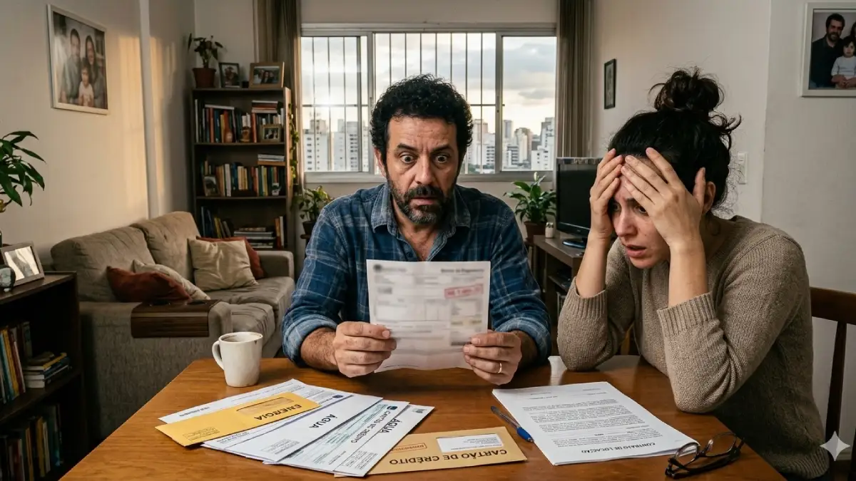 Casal preocupado analisando contas e contrato de aluguel em apartamento diante do impacto da Nova Lei do Aluguel 2025