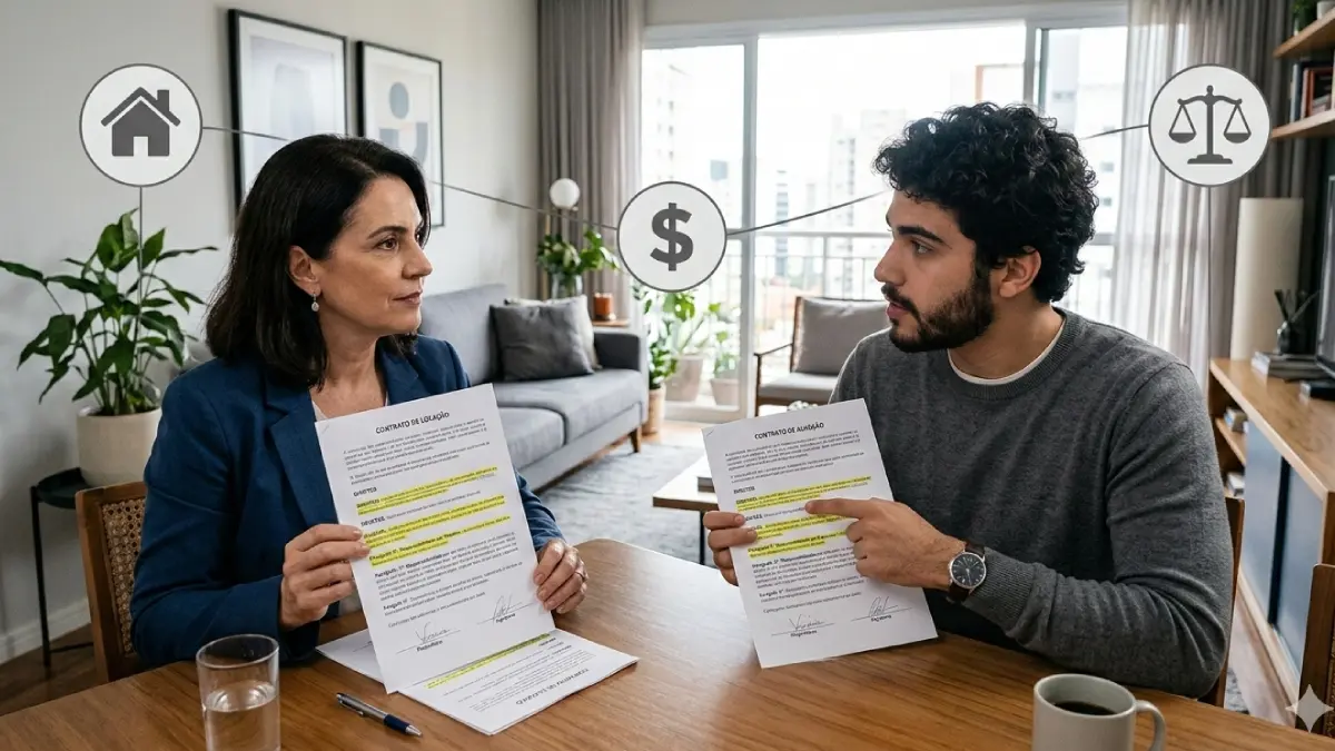 Proprietário e inquilino analisando contrato de aluguel à luz da Nova Lei do Aluguel 2025 e da Lei do Inquilinato