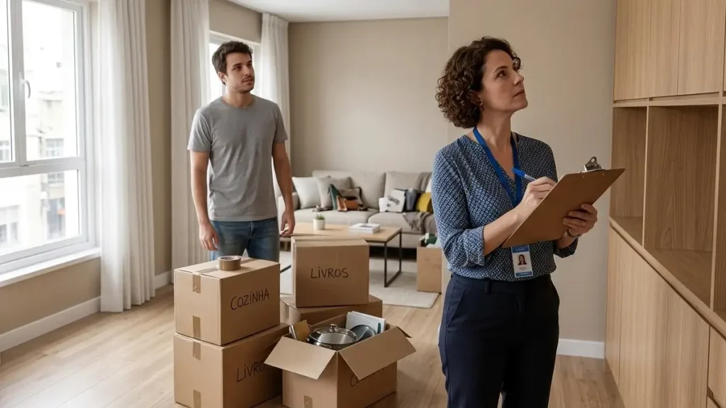 Corretora fazendo vistoria de imóvel alugado com prancheta enquanto inquilino organiza caixas de mudança na sala