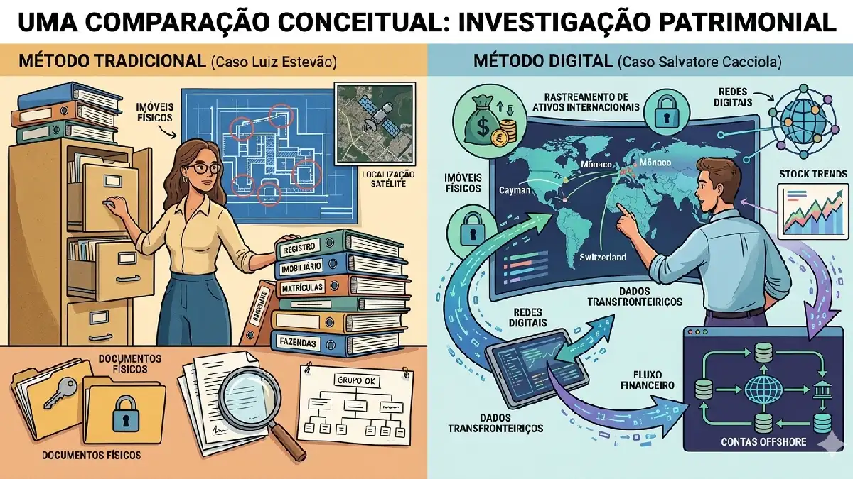 Infográfico comparativo de investigação patrimonial: à esquerda o método tradicional com foco em bens imóveis (Caso Luiz Estevão/Grupo OK) e à direita o método digital com foco em contas offshore e rastreamento transfronteiriço (Caso Salvatore Cacciola).