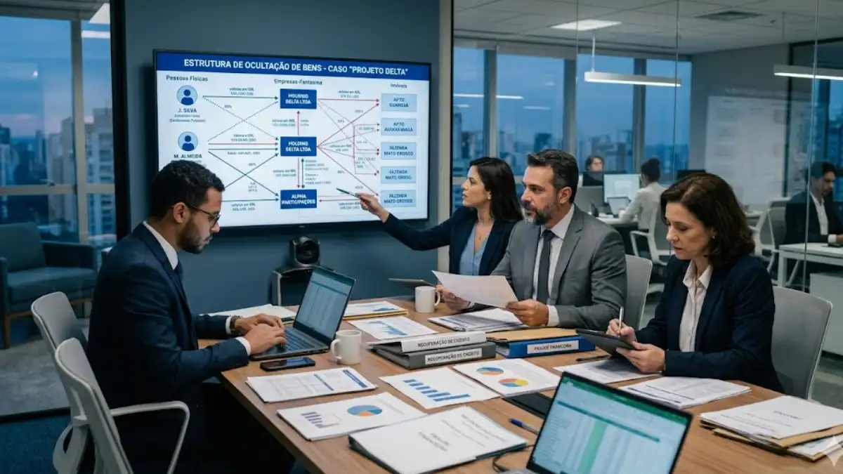 Equipe jurídica analisando gráficos e documentos para identificar fraude patrimonial e ocultação de bens