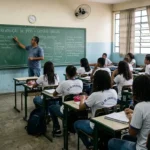 Professor em sala de aula com estudantes durante lição