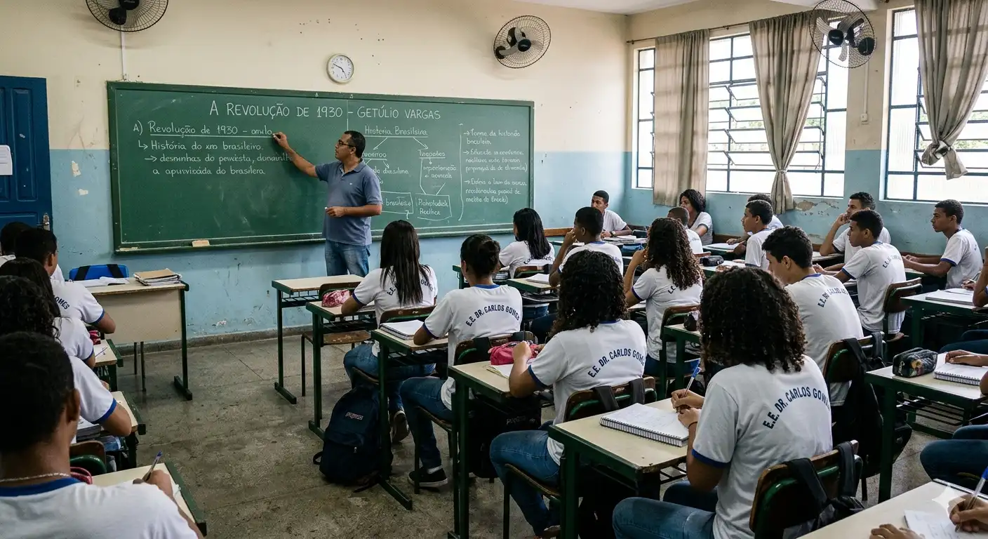 Professor em sala de aula com estudantes durante lição