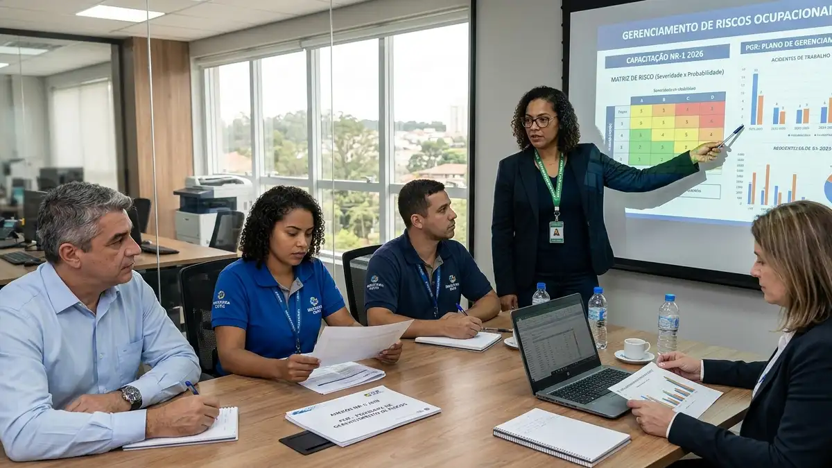 NR-1 2026 mudanças trabalhador discutidas em reunião de segurança na empresa