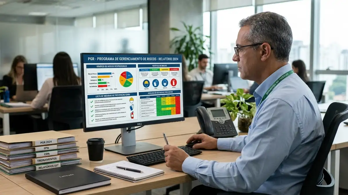 Trabalhador consultando documentos de segurança e PGR em computador corporativo