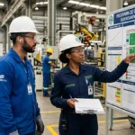 Trabalhador e profissional de segurança analisando mapa de riscos do PGR em ambiente industrial