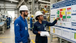 Trabalhador e profissional de segurança analisando mapa de riscos do PGR em ambiente industrial