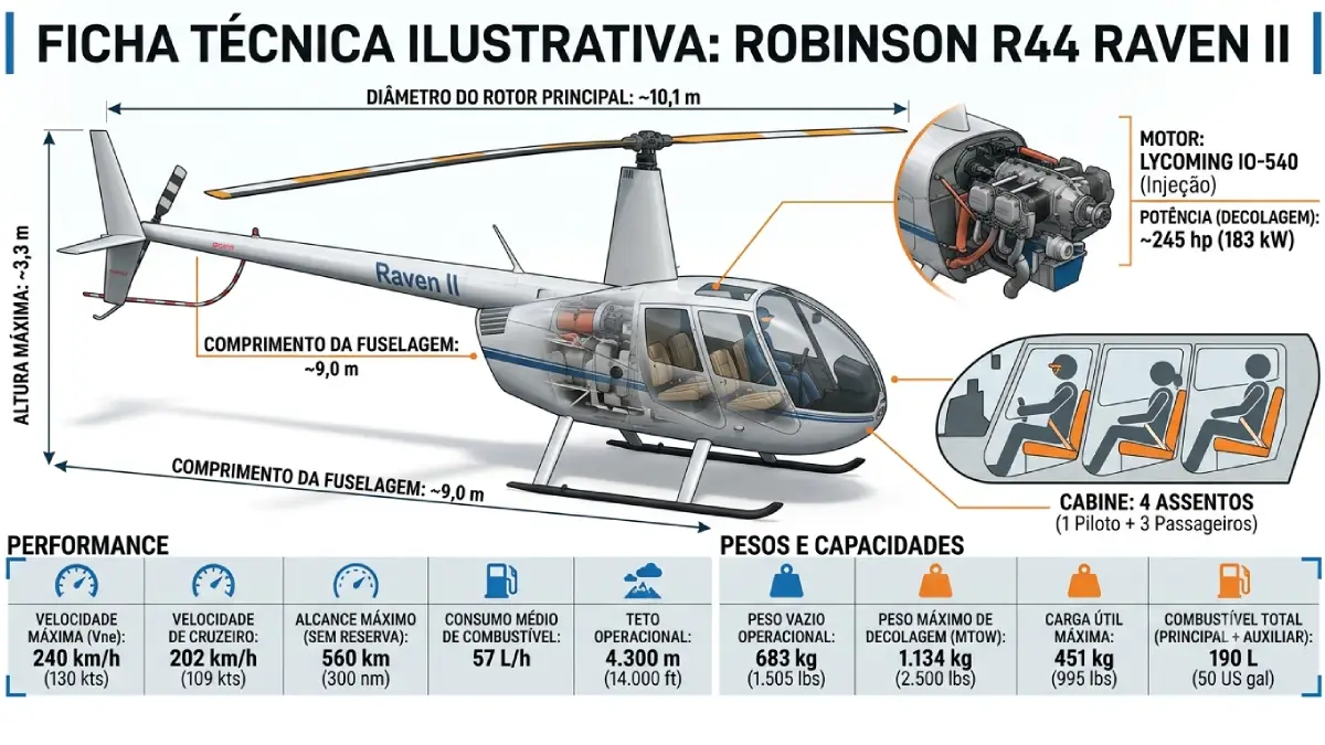 Infográfico com a ficha técnica e especificações do helicóptero Robinson R44, destacando dados de velocidade, motor Lycoming IO-540, dimensões e capacidade para 4 passageiros.