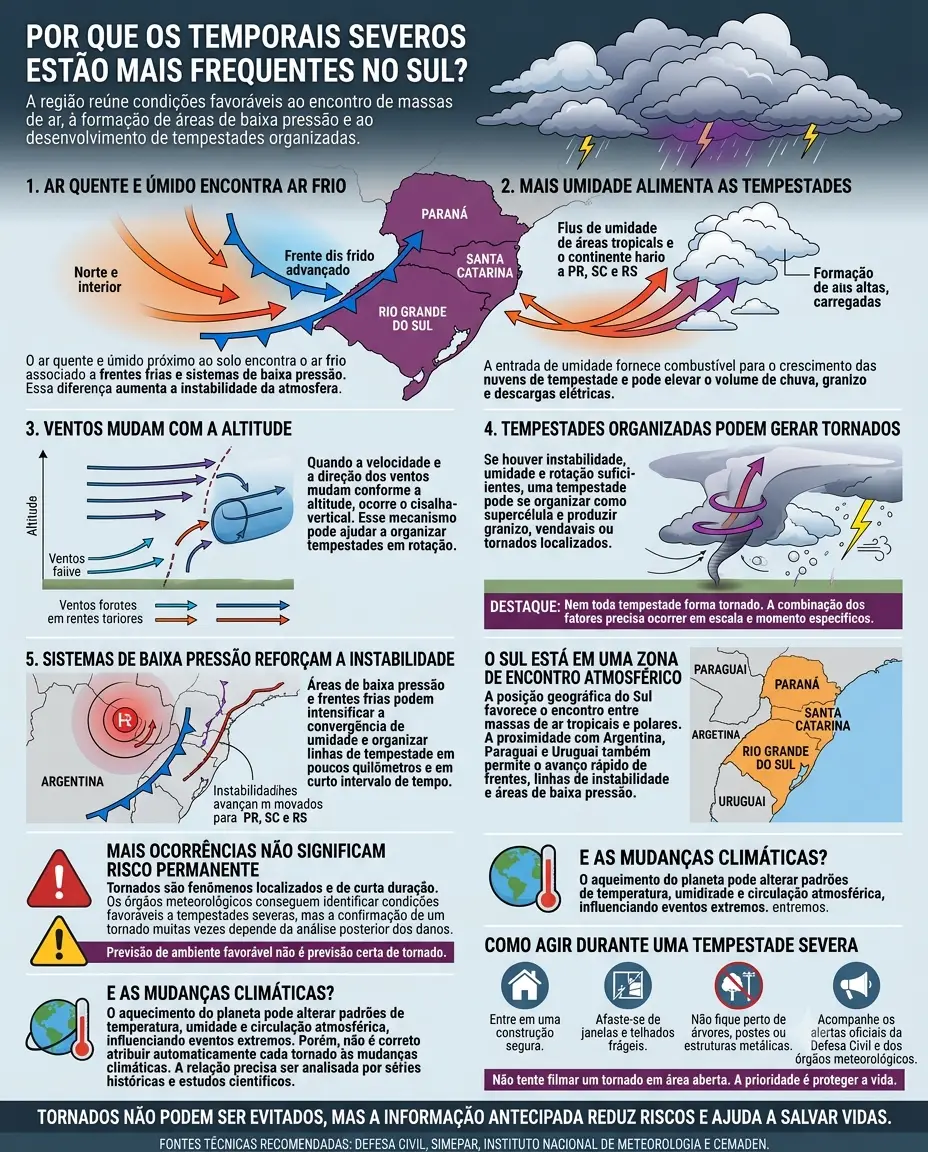 Mapa do Sul do Brasil com áreas de tempestade, tornados, vendavais e granizo